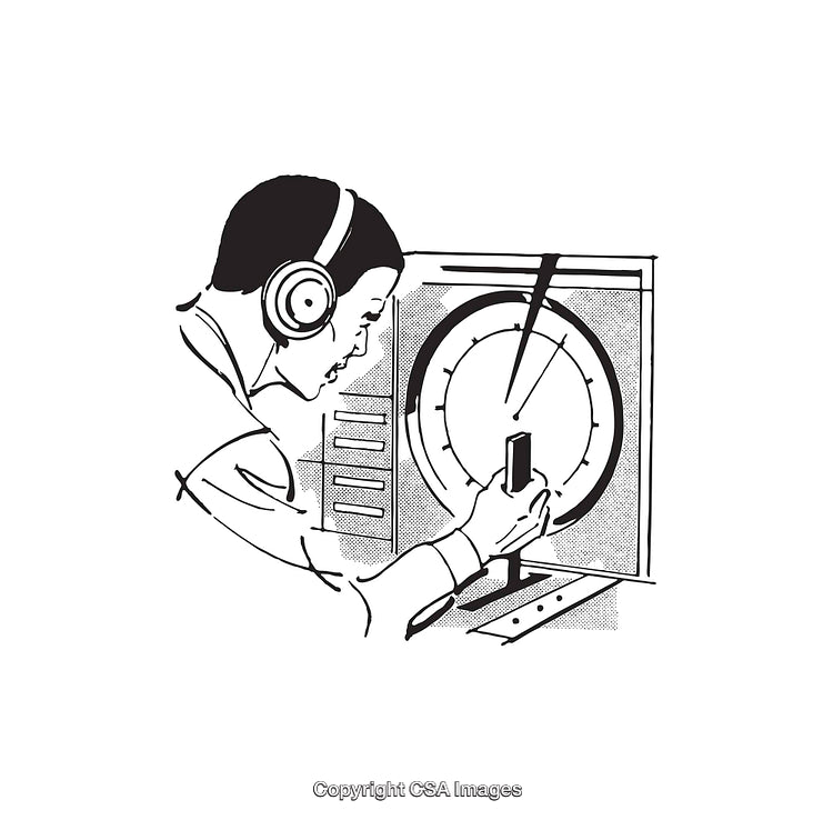 Black and White Illustration of Man Monitoring Radar System