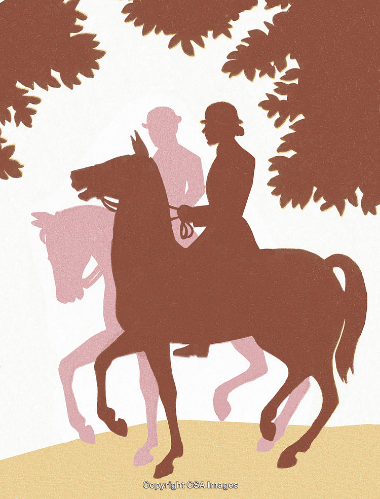 Silhouette of Two Riders on Horses Surrounded by Trees in Countryside