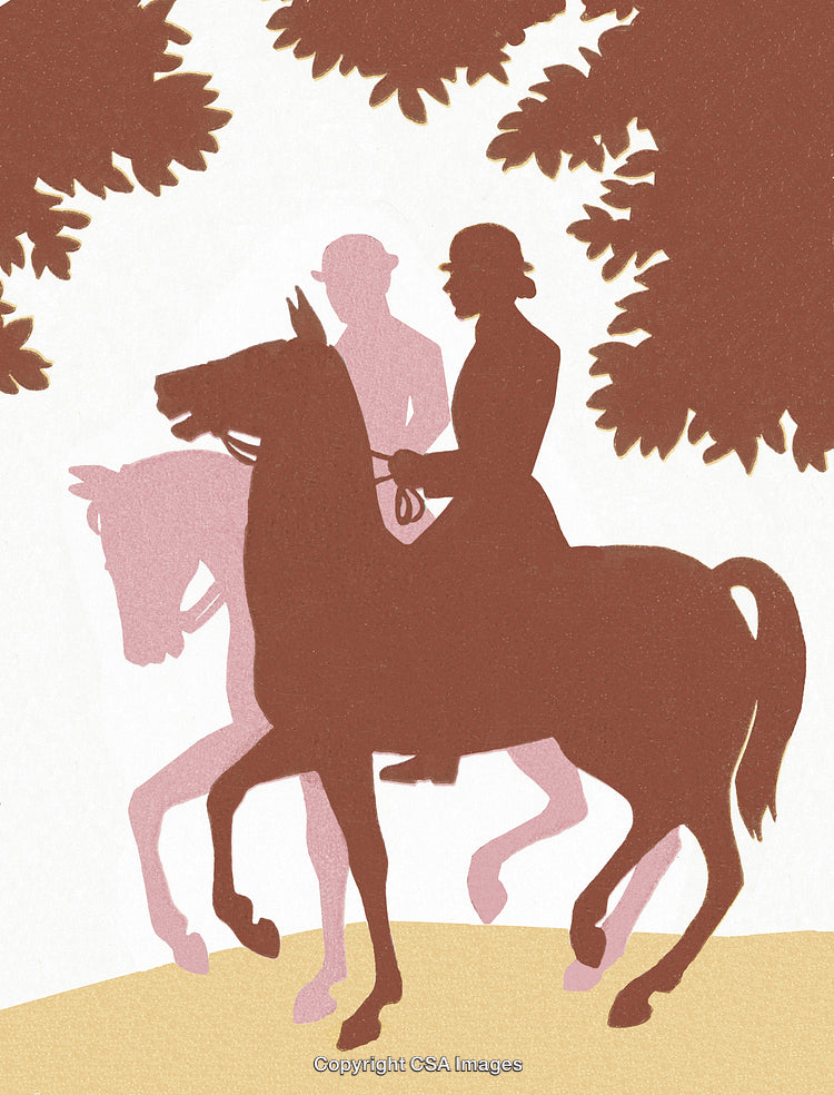 Silhouette of Two Riders on Horses Surrounded by Trees in Countryside