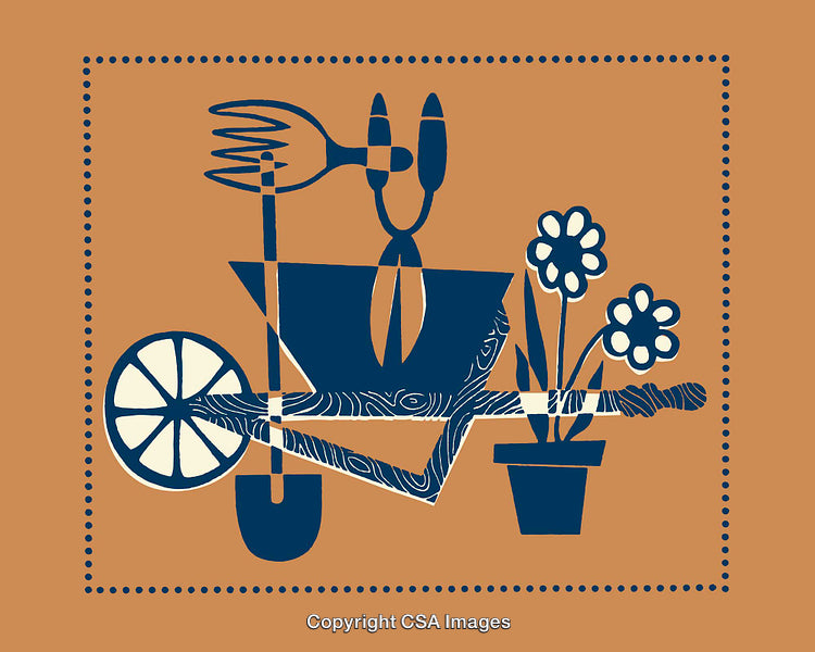 Stylized Blue Gardening Tools and Flowers on Solid Brown Background
