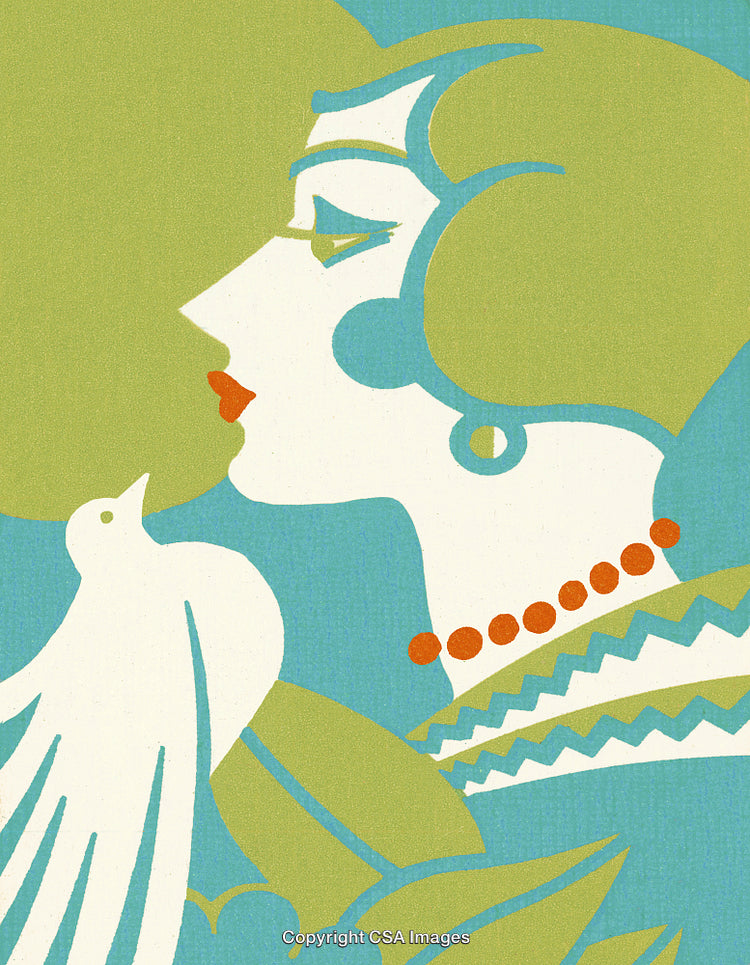 Abstract Art Deco Figure with Bird Illustration in Vibrant Colors
