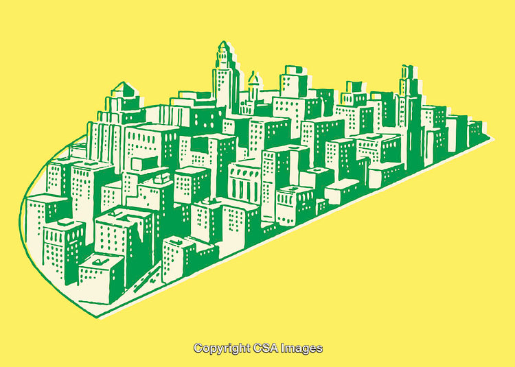 Vibrant Cityscape Line Art Illustration in Yellow and Green Tones