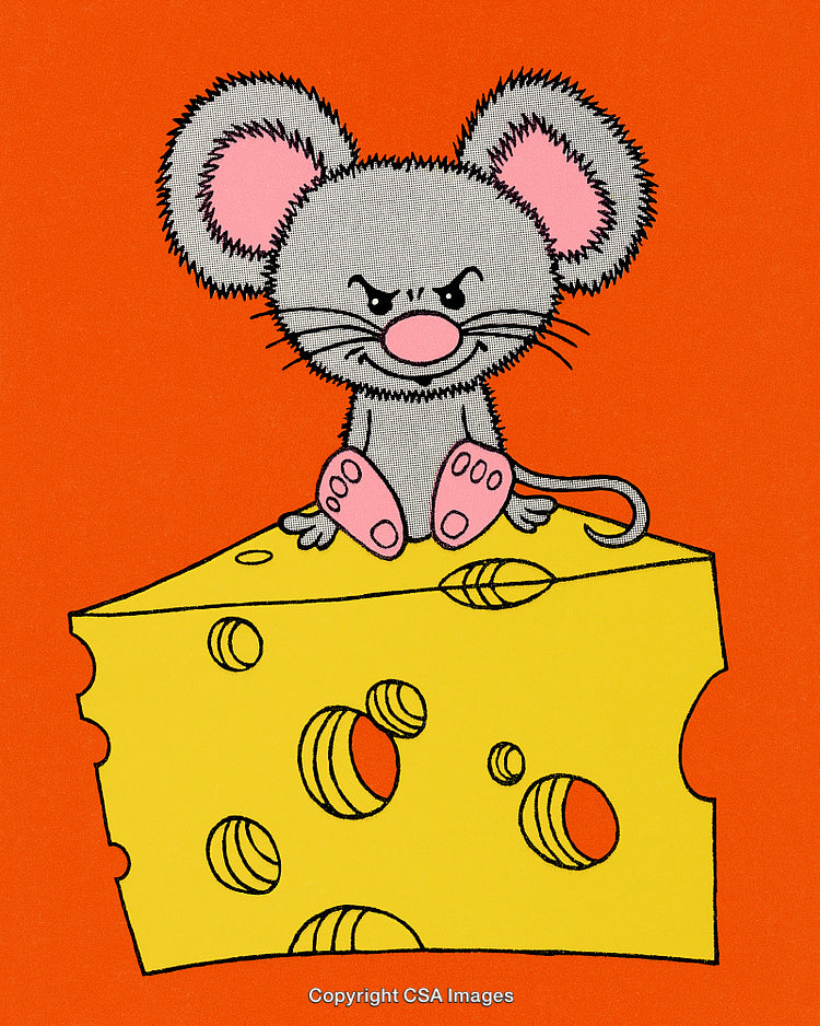 Cartoon Mouse Sitting on Cheese Against Bright Orange Background