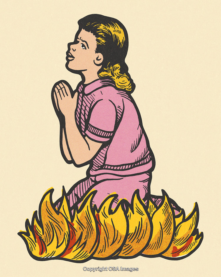 Vintage Style Illustration of Praying Woman Surrounded by Dramatic Flames