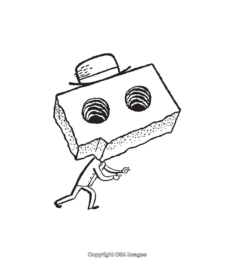 Whimsical Black and White Sketch of a Surreal Figure with Brick Head