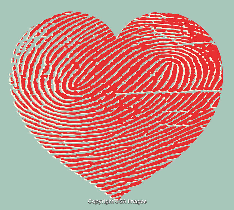 Heart Shaped Fingerprint Art Illustration in Vibrant Red and Soft Green Colors