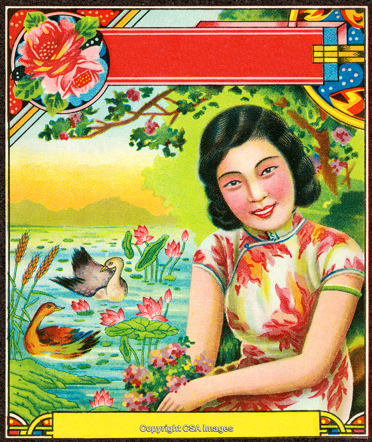 Vintage Artwork of a Woman by a Pond with Lotus Flowers and Birds