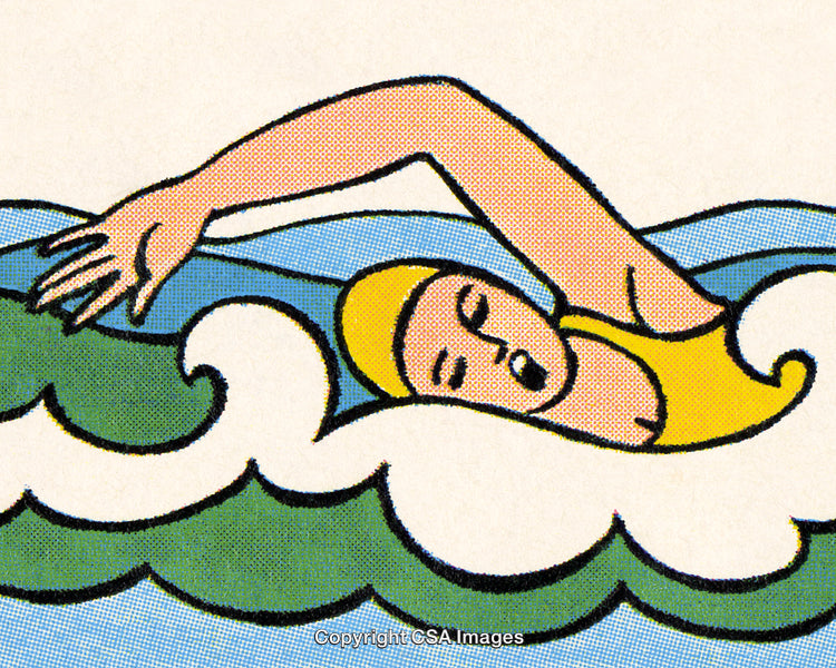 Pop Art Style Illustration of Woman Swimming in the Ocean Waves