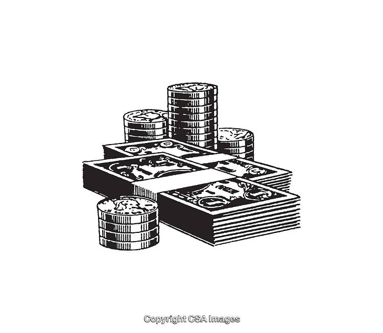 Detailed Line Art Illustration of Cash Stacks and Coins in Black and White