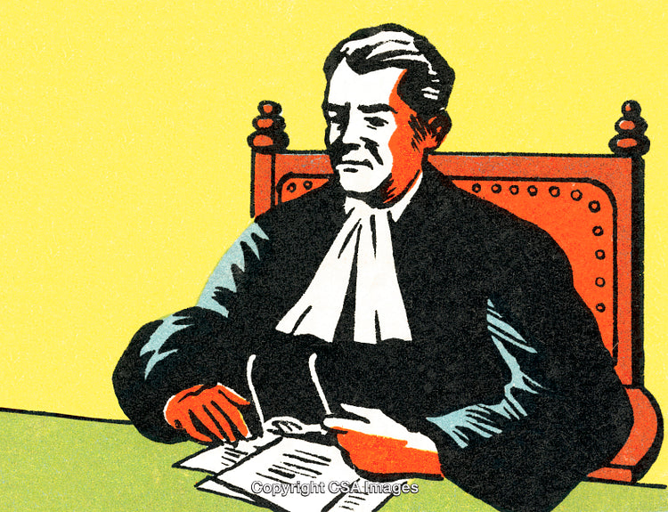 Illustration of a Judge Sitting at a Desk Holding Documents