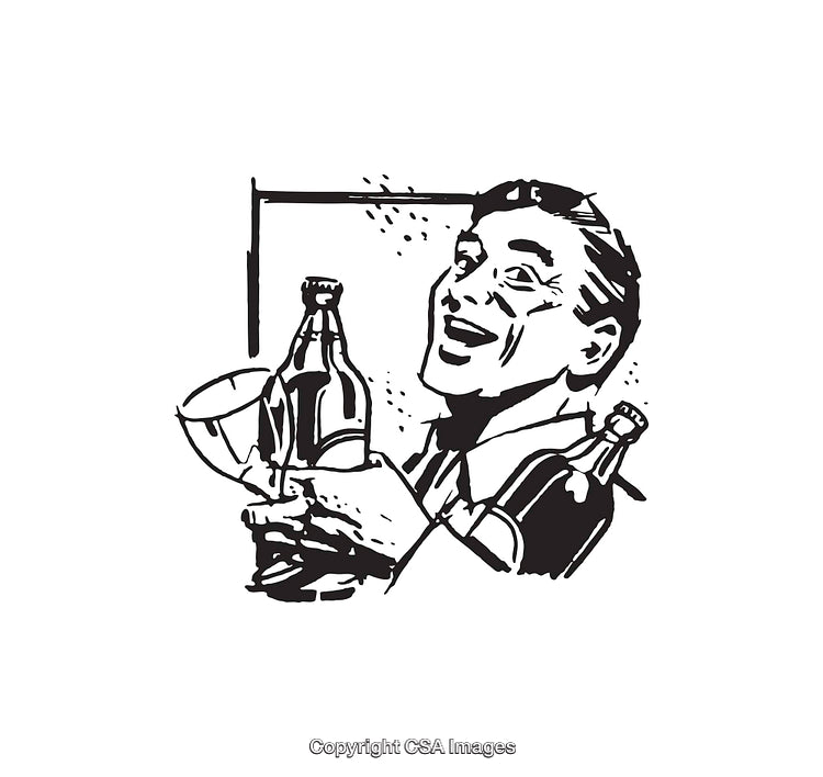 Retro Black and White Illustration of a Man With Bottles and a Glass