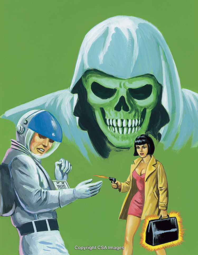 Retro Illustration of Suspense Featuring A Giant Skull and Intriguing Characters