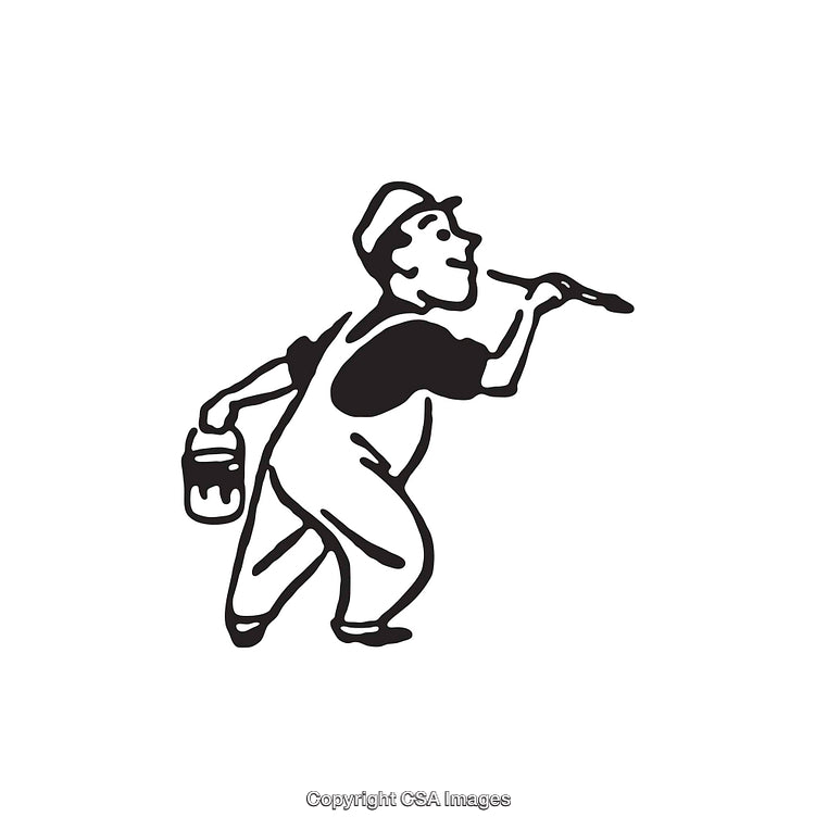 Black and White Line Art of Painter with Paint Can and Brush