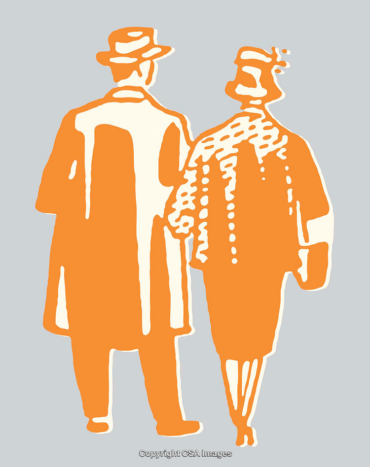 Vintage Couple Walking in Stylish Line Art Illustration