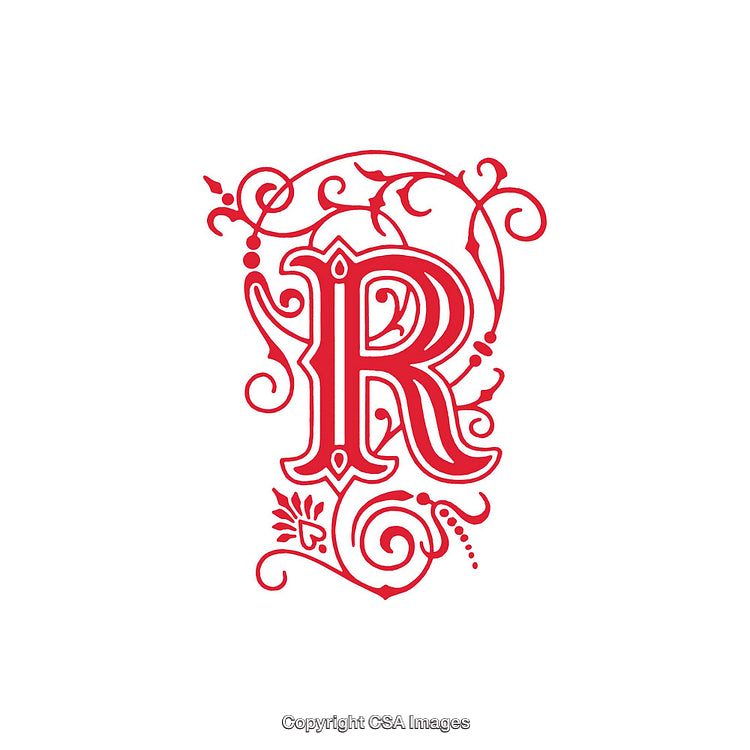 Intricate Red Letter R with Decorative Flourishes and Elegant Ornaments