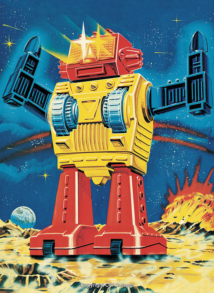 Vibrant Retro Robot on Alien Planet with Futuristic Scene