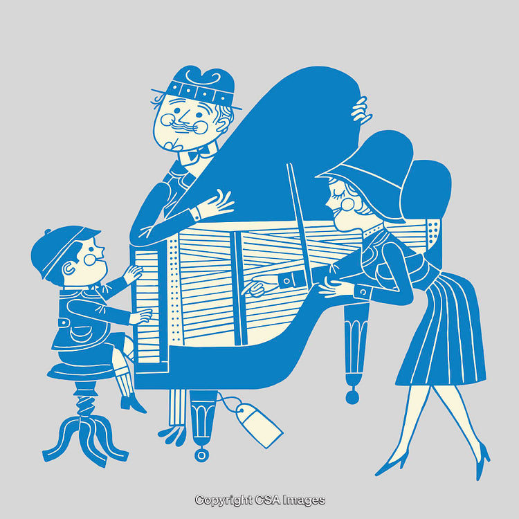 Charming Line Art Illustration of Family Interaction Around a Grand Piano