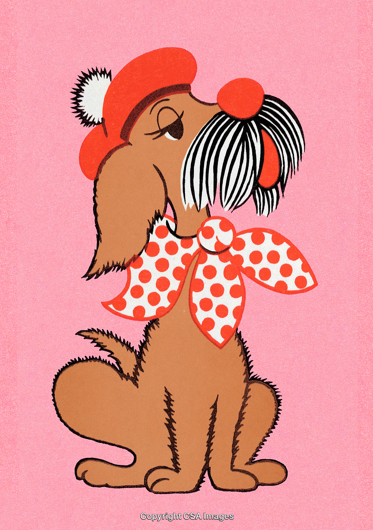 Illustration of a Cute Dog Wearing a Polka-Dot Scarf and Red Hat