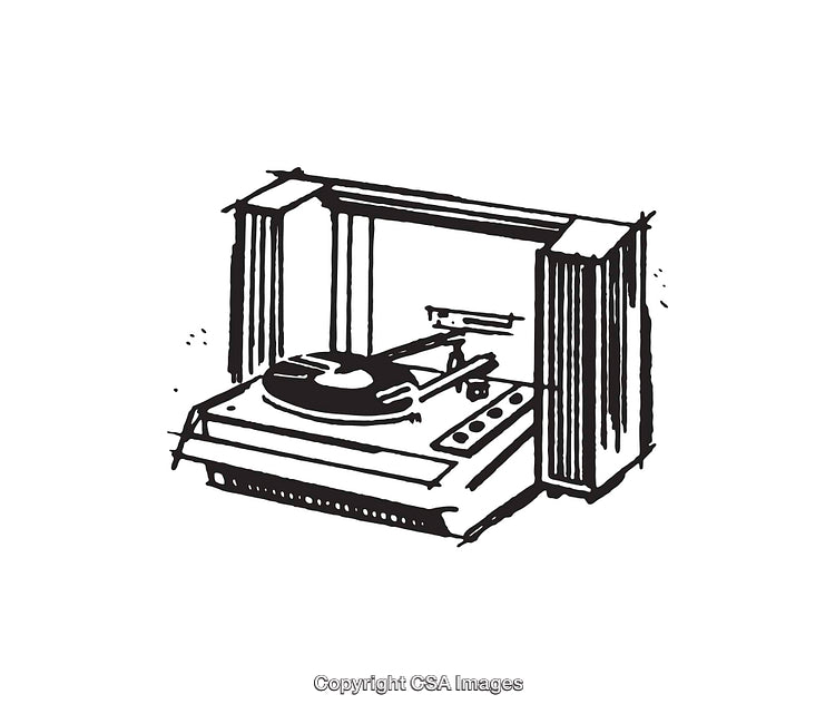 Black and White Line Art of a Retro Turntable Music Player