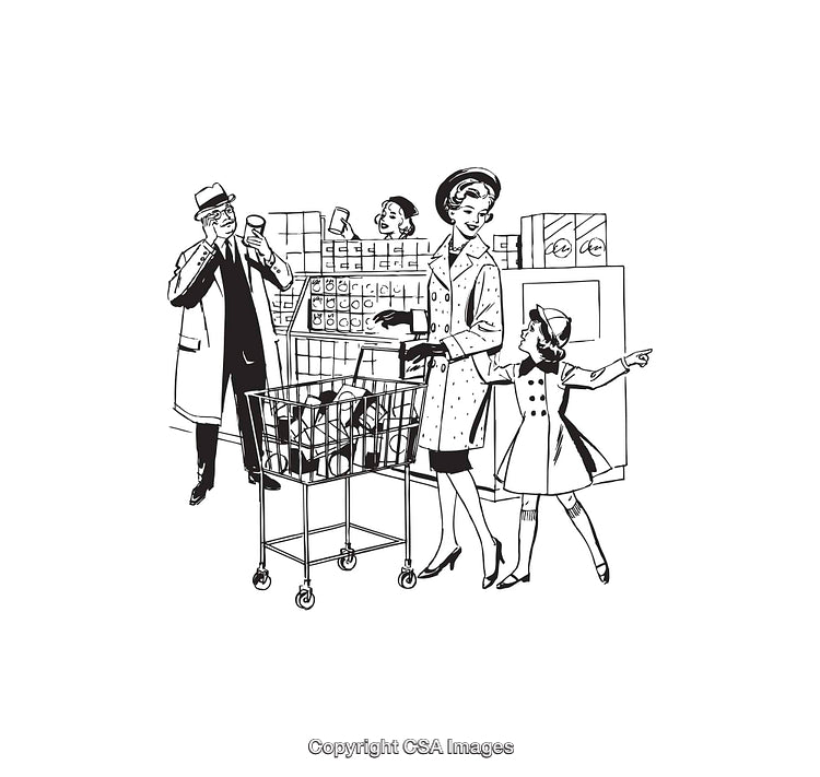 Retro Line Art Illustration of a Family Shopping in a Supermarket