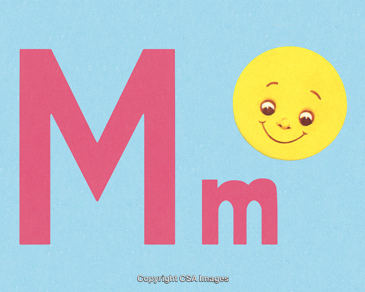 Colorful Alphabet Illustration Featuring the Letter M with a Smiling Sun