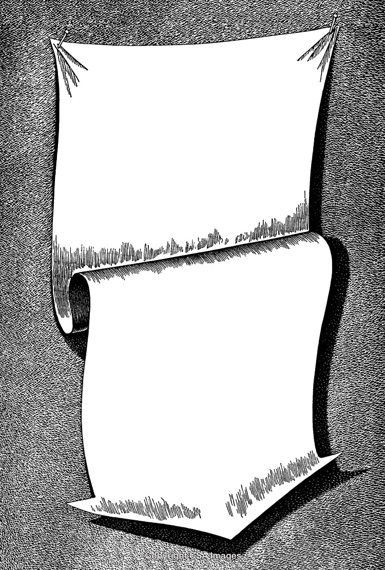 Blank Scroll Illustration with Intricate Black and White Engraving Detail