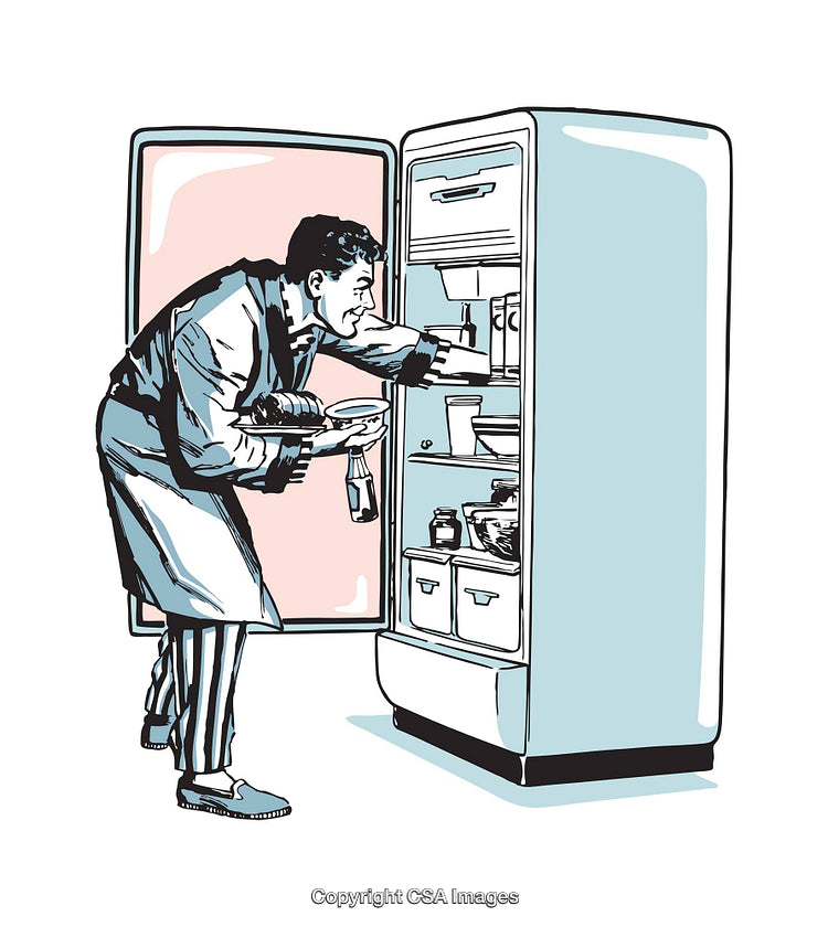 Retro Illustration of Man Storing Food in an Open Refrigerator