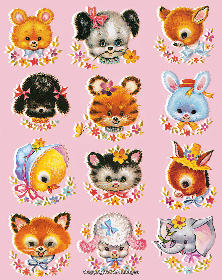 Adorable Collection of Cute Animal Illustrations with Floral Decorations on Pink Background
