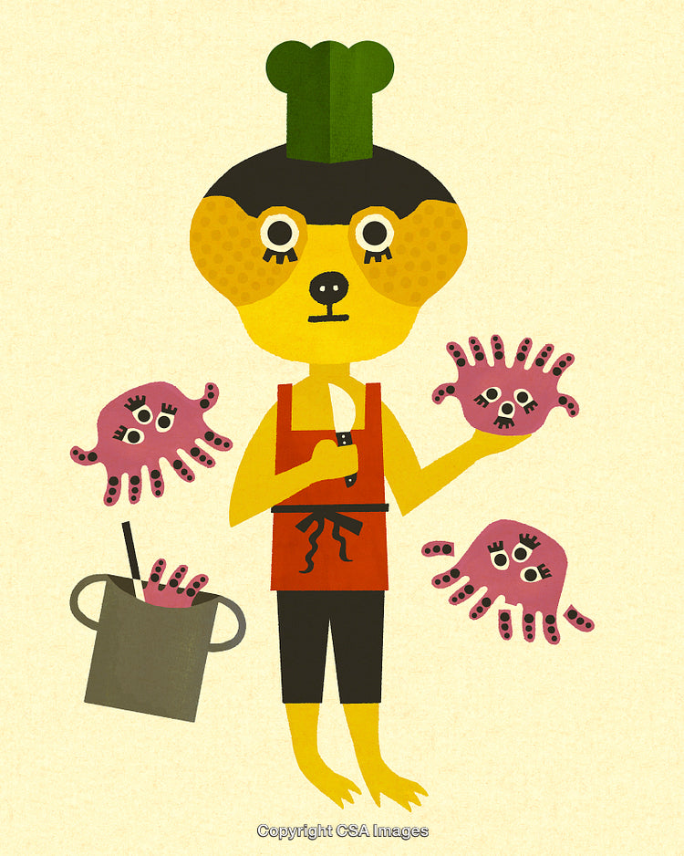 Illustration of Chef Character Preparing Dish with Whimsical Octopus Themes