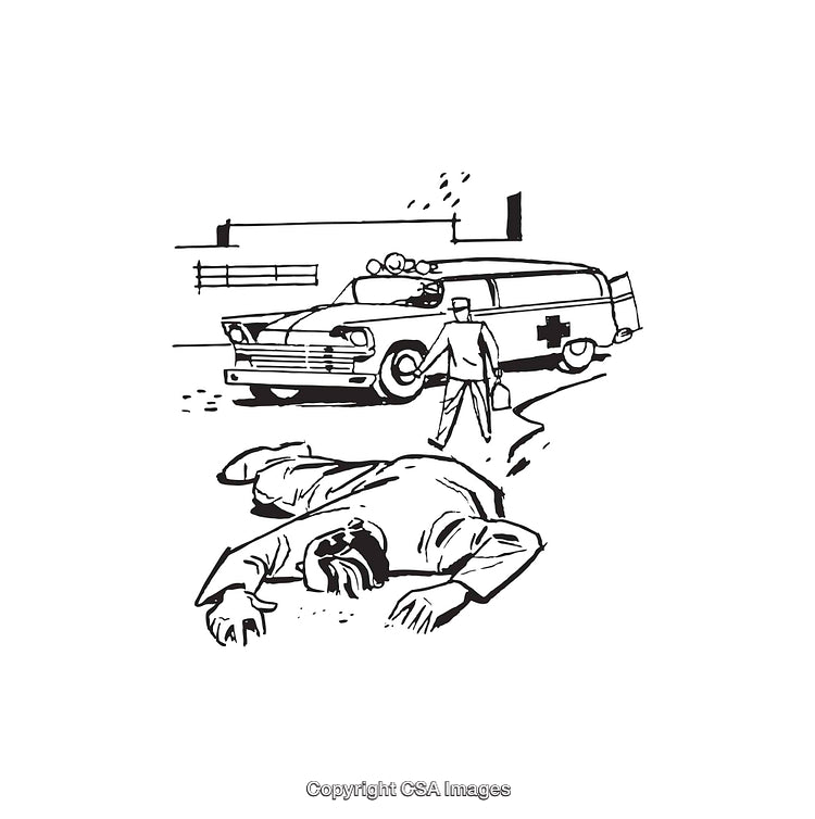 Black and White Illustration of Emergency Scene with Ambulance and Unconscious Individual