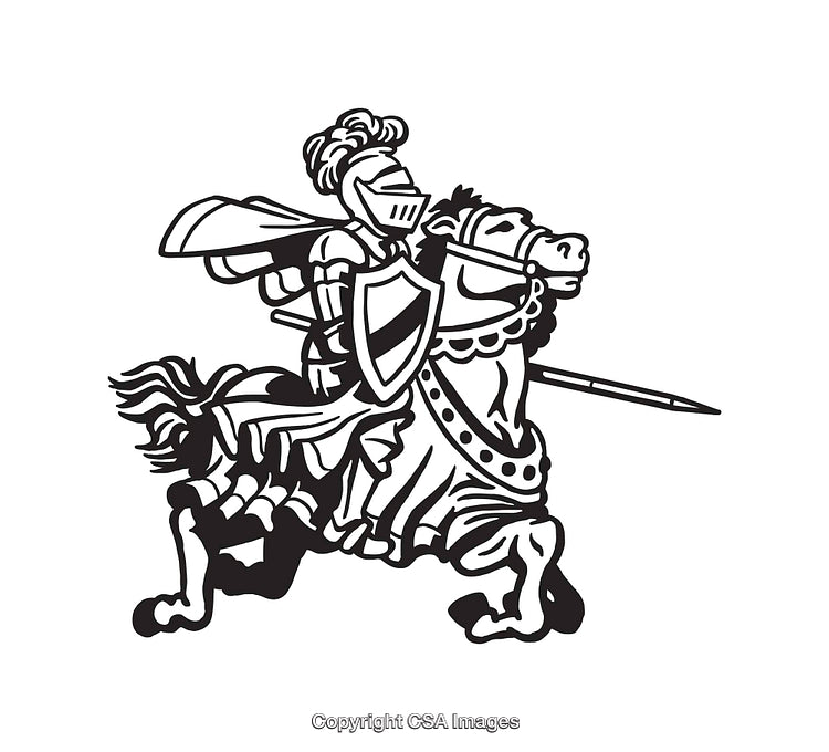 Medieval Knight on Horseback Holding Shield and Lance Black and White Artwork