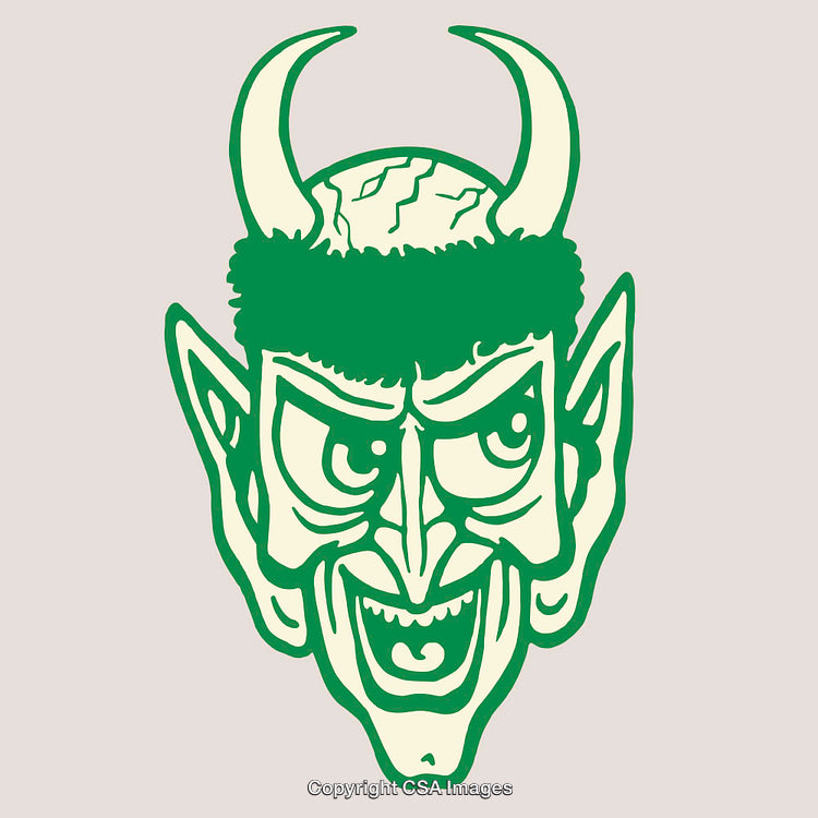 Intricate Green Illustration of a Devil Head with Horns in Line Art Style