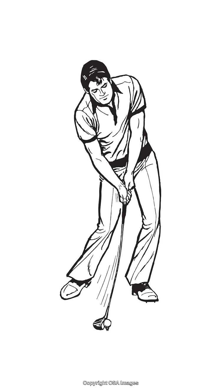 Black and White Line Art Illustration of a Male Golfer Swinging