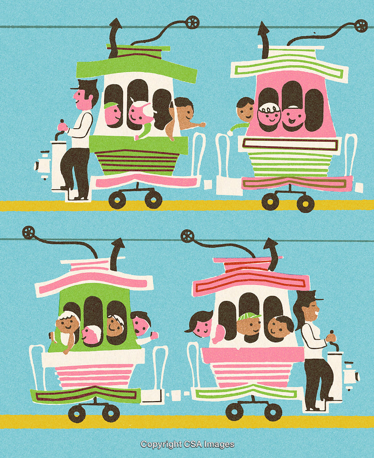 Playful Cartoon of Trolleys With Passengers in a Cheerful Setting