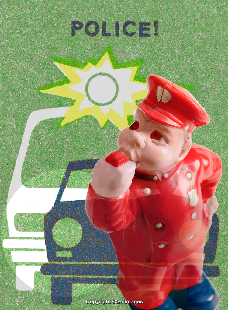 Whimsical Police Figurine with Bright Car and Green Background