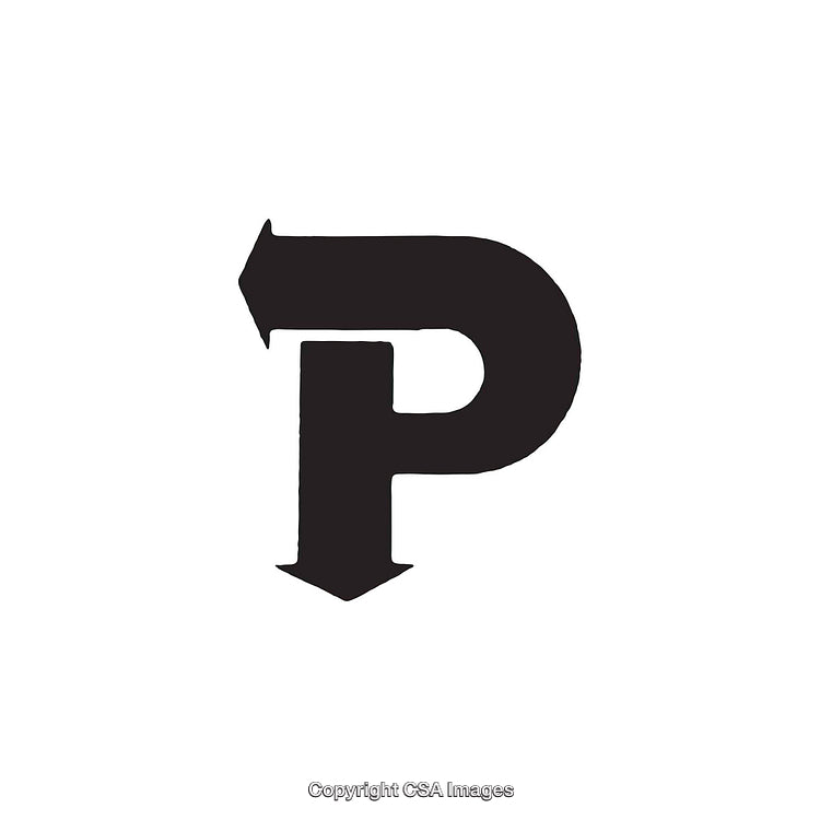 Bold Black Letter P Icon with Arrow on White Background
