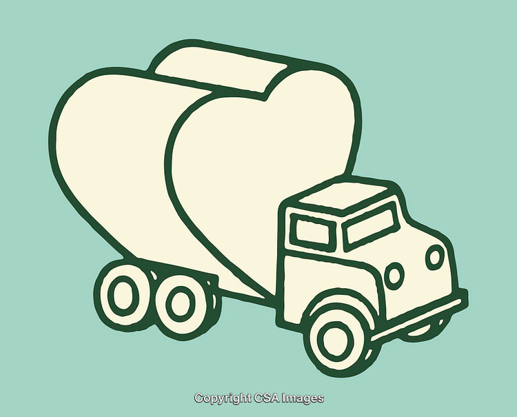 Retro-Style Line Art Illustration of a Love Truck with Two Hearts