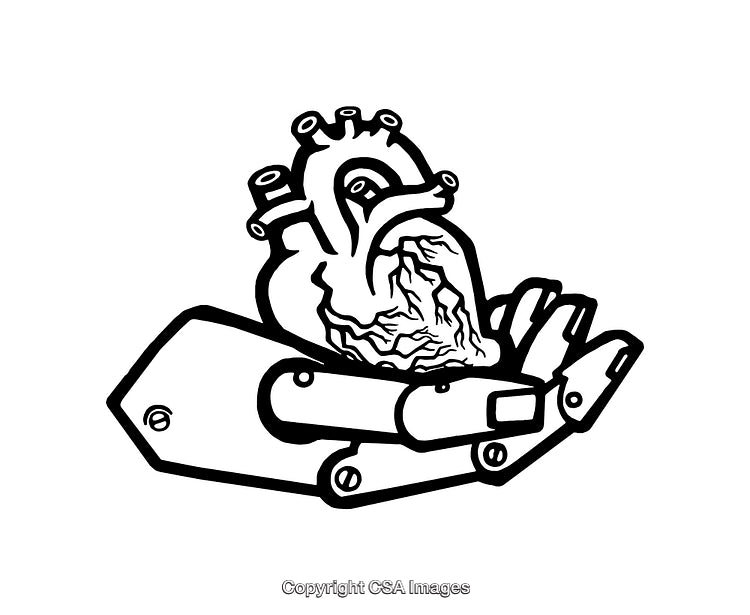 Robotic Hand Holding Human Heart Line Art Illustration
