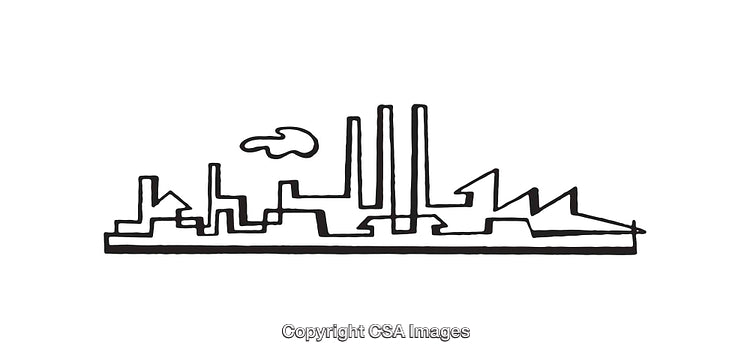 Black and White Line Art Illustration of an Industrial Factory Skyline