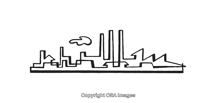 Black and White Line Art Illustration of an Industrial Factory Skyline
