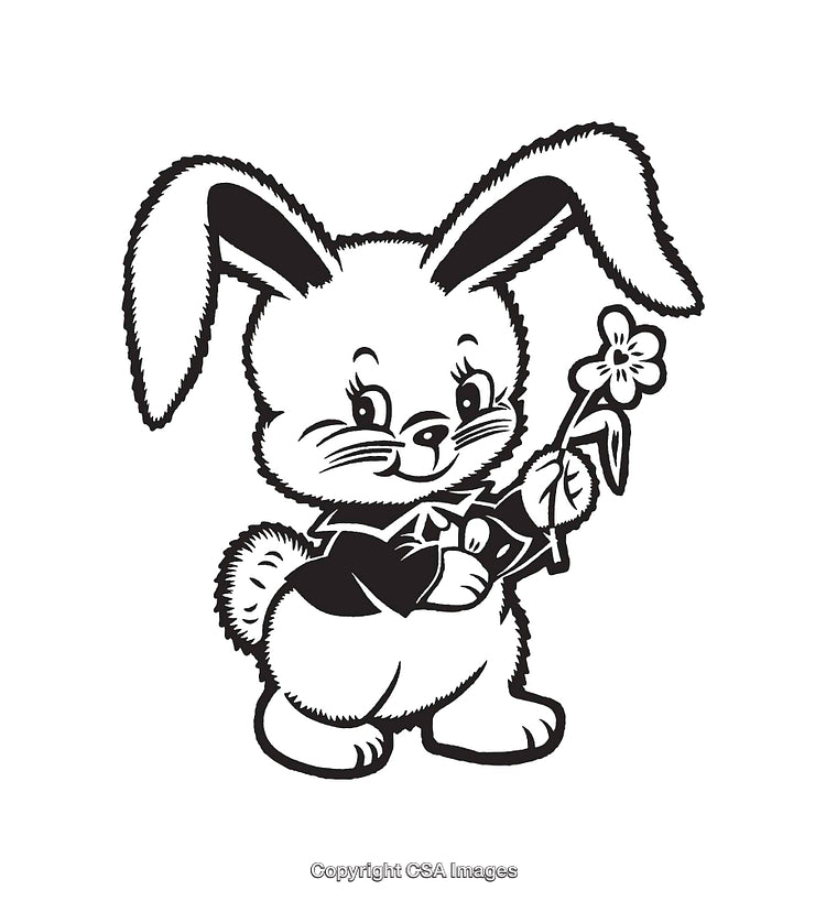 Cute Bunny Holding a Flower in Black and White Line Art