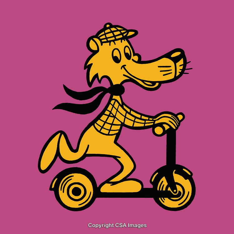 Yellow Cartoon Wolf Riding a Scooter on a Vibrant Pink Background