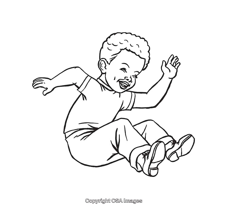Happy Child Jumping Illustration in Black and White Line Art Style