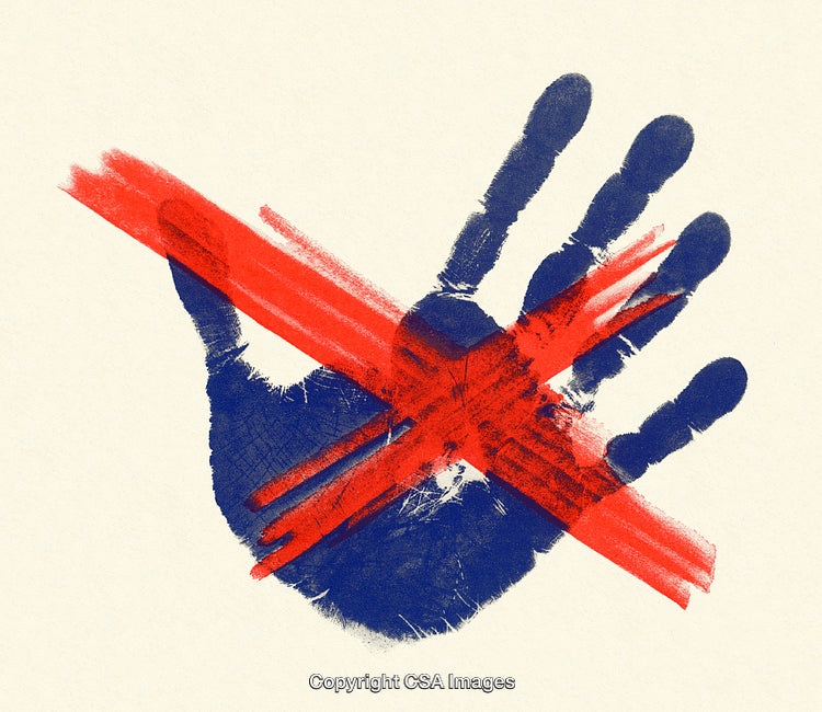 Vivid Artistic Representation of a Hand Print With Bold Red Cross Overlay