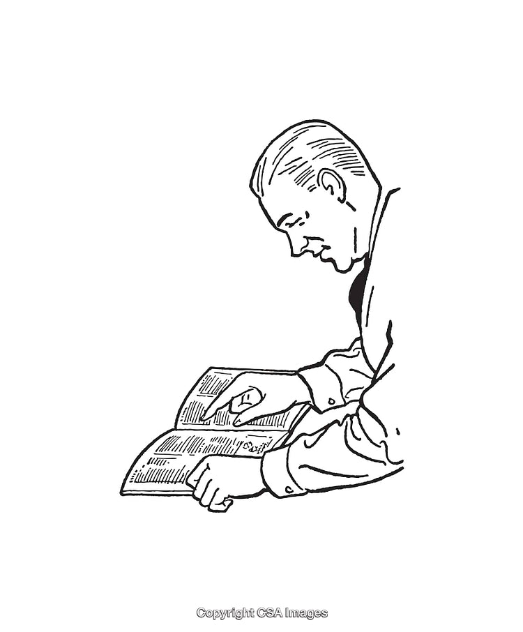 Vintage Line Art Illustration of a Man Reading a Book in Detail