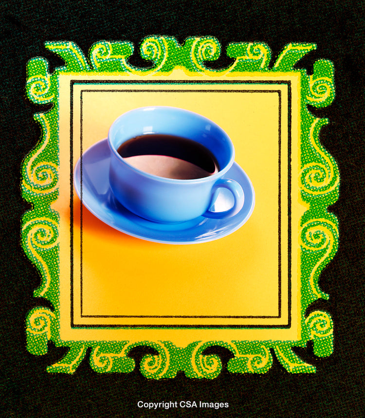 Blue Coffee Cup on Bright Background with Decorative Border