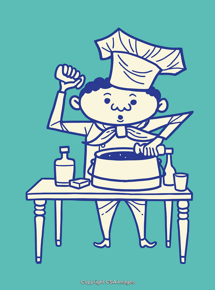 Chef Illustration Preparing Food with Ingredients on a Table