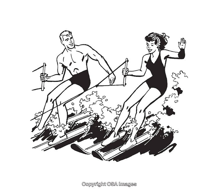 Vintage Illustration of Water Skiing Couple in Black and White
