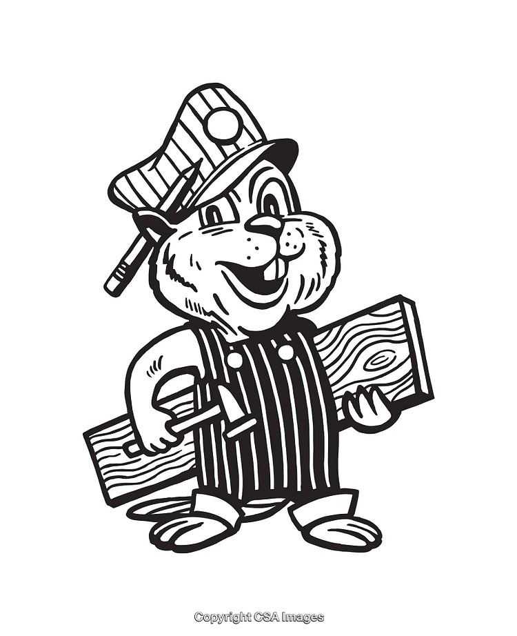 Cartoon Beaver Carpenter With Tool and Log in Line Art Style