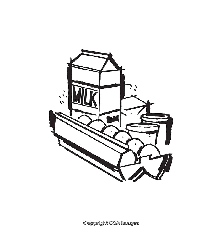 Hand-Drawn Line Art of Milk, Eggs, and Dairy Products